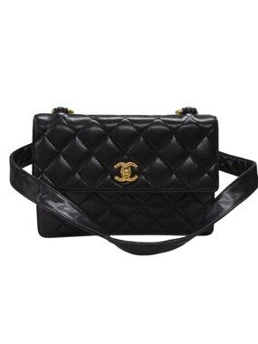 Chanel Bag Caviar Leather CC Logo Black Vintage Gold